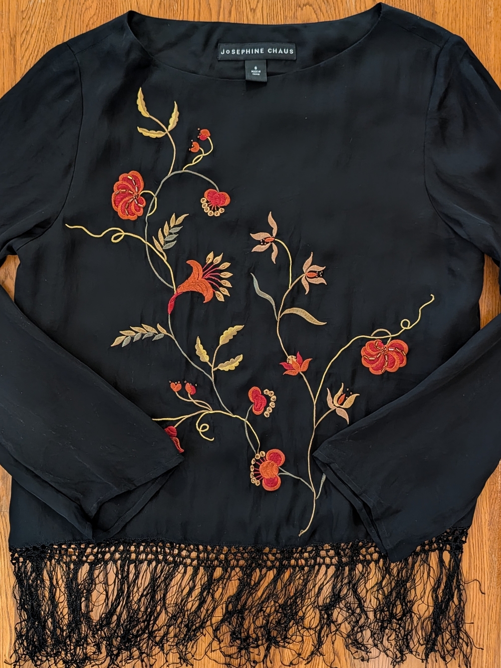 Josephine Chaus Black Silk Floral Embroidered Fringe Hem Long Sleeve Top
